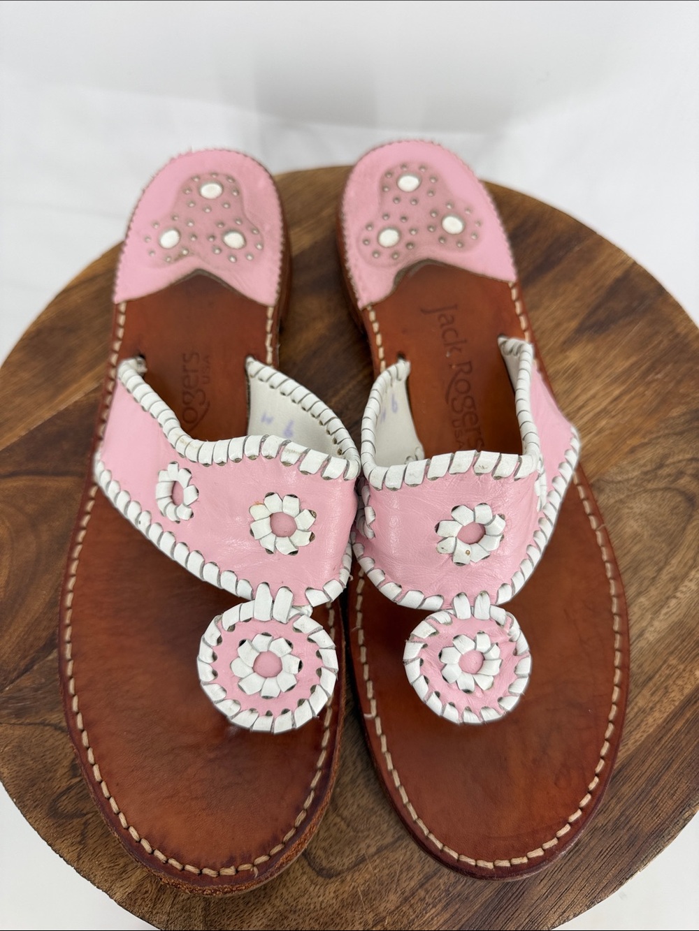 Jack Rogers Pink White Leather Navajo Flat Sandals Size 9 Preppy Resort - Picture 3 of 5